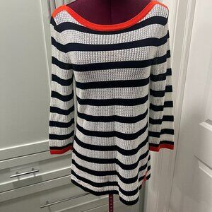 JONES NEW YORK Signature Knit Sweater Split Hem Stripes Black White Size Small